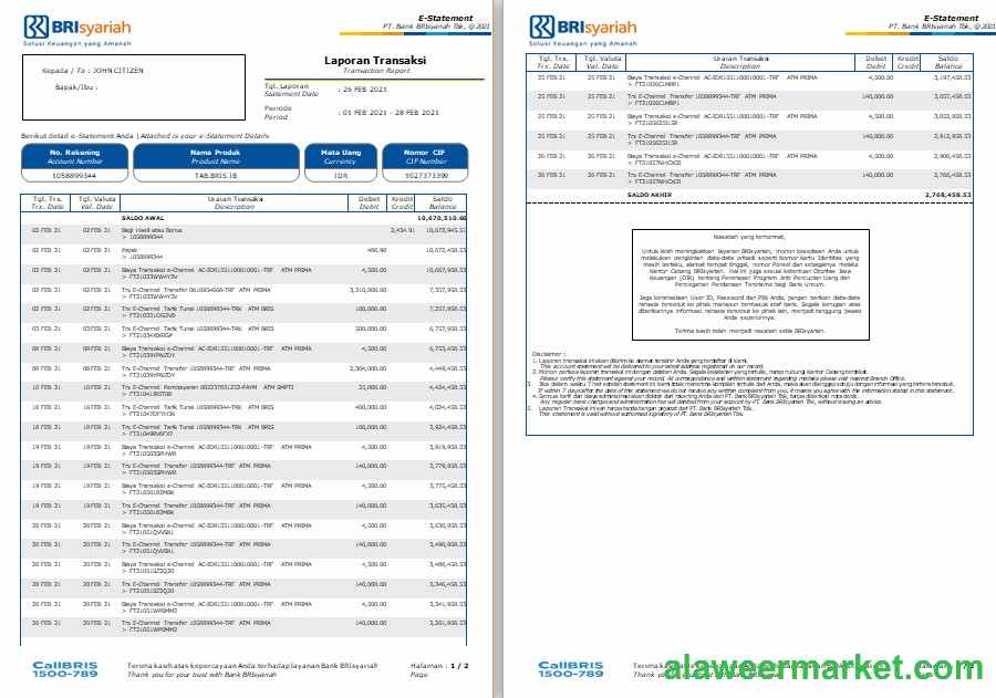 Indonesia BRIsyariah bank statement template, Word and PDF format, 2 pages